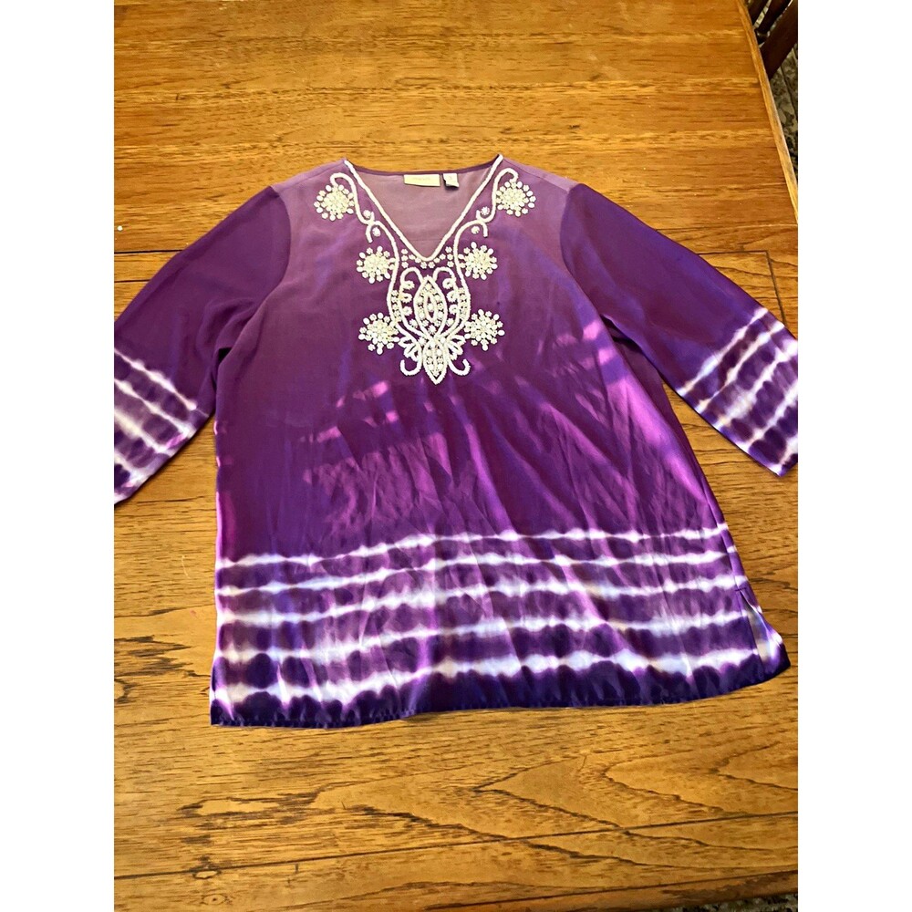 Chico's Purple White Tie-Dye Woven V-Neck 3/4 Sleeve Beaded Tunic XL